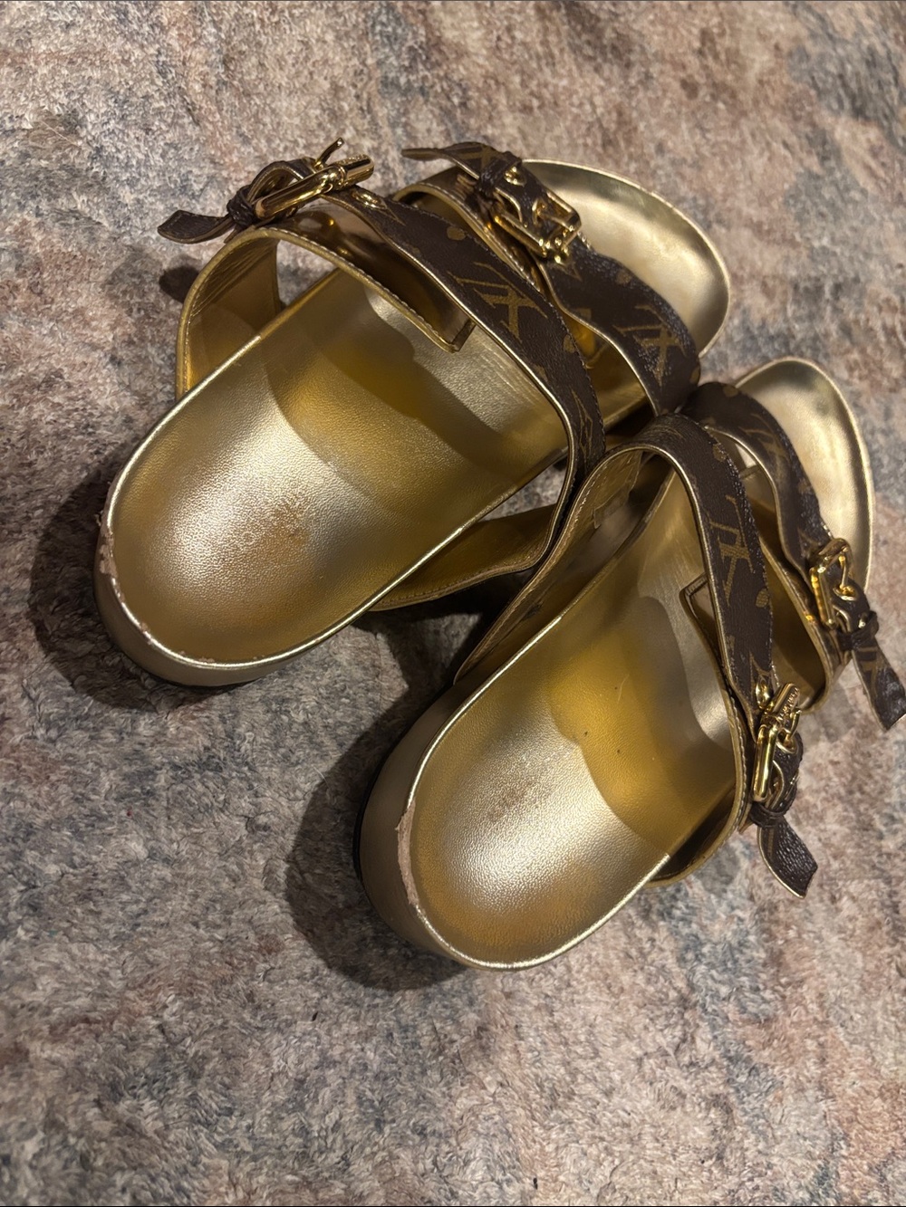Louis Vuitton Brown Monogram & Gold Buckle Slide Sandals - Picture 4 of 6